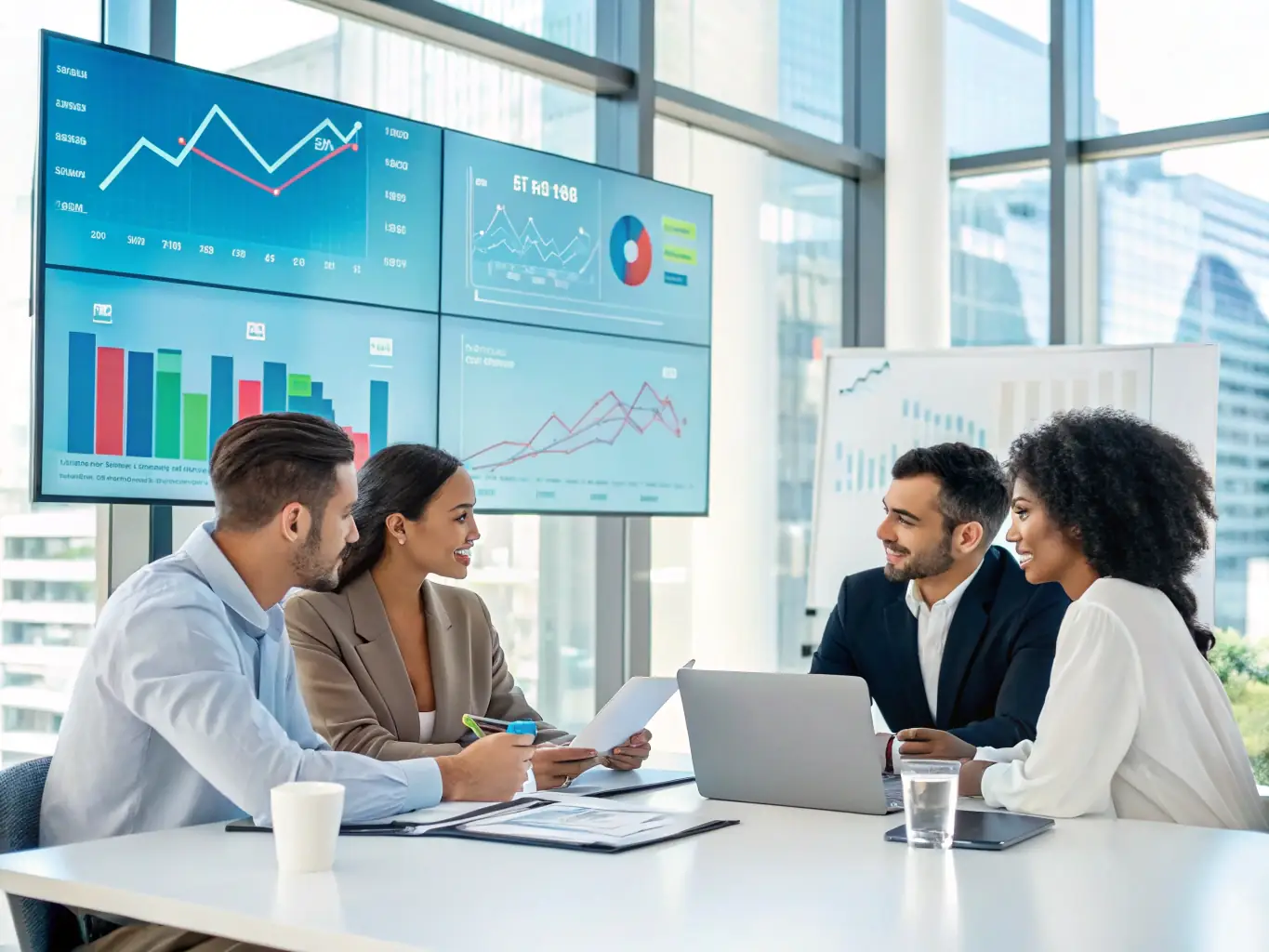 A diverse group of business professionals participating in a financial workshop, actively engaged in discussions and collaborative problem-solving, with charts and graphs displayed on a screen in the background.