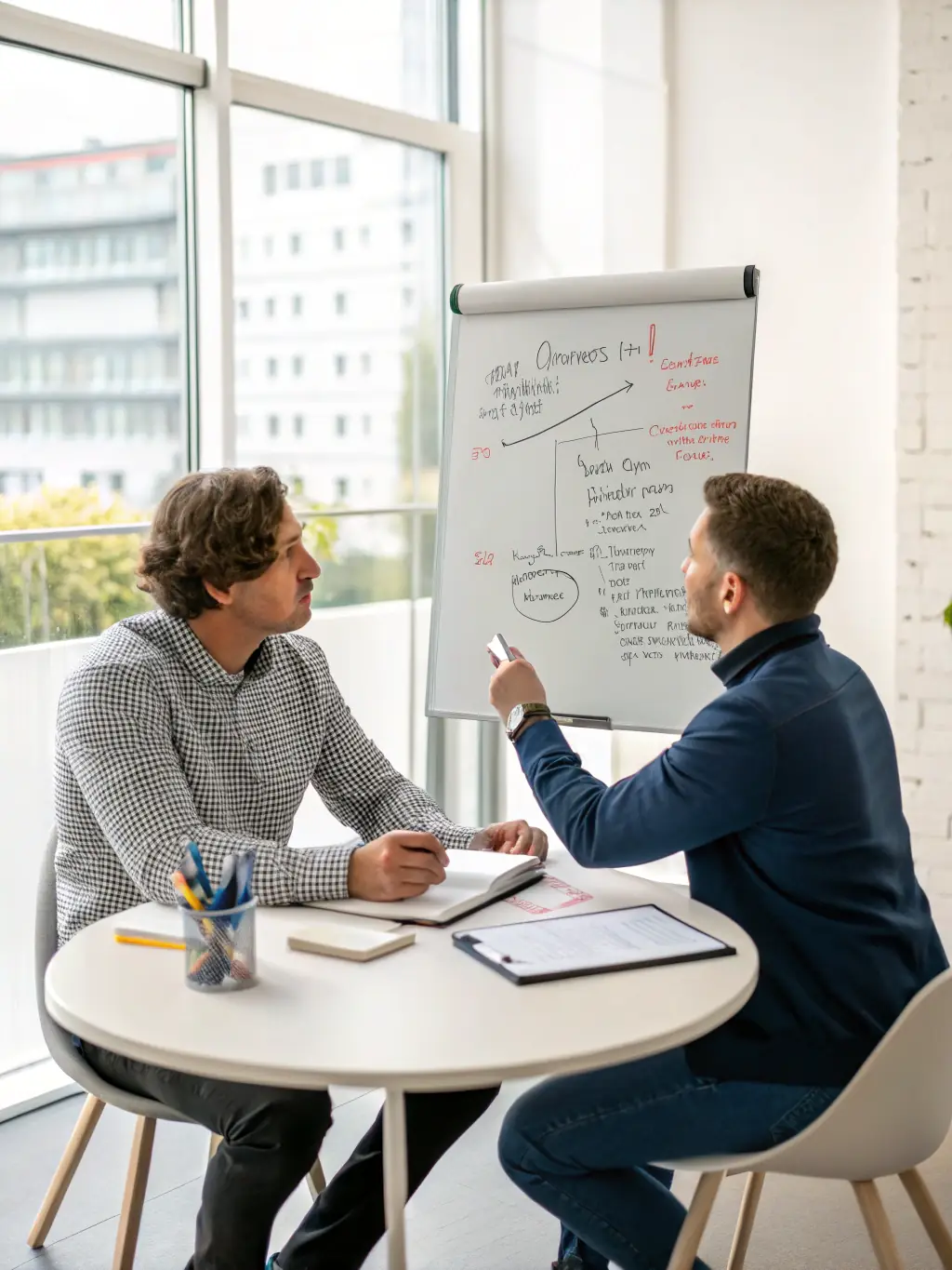 A coach is helping a client build confidence in their financial decision-making, using a whiteboard to outline different investment scenarios and risk management strategies.
