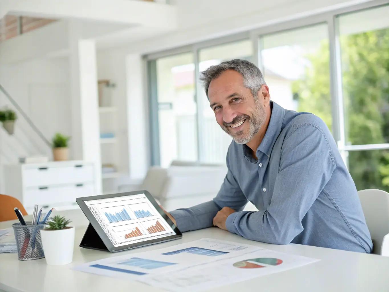 A business owner confidently presenting a financial growth plan to their team, using a digital tablet to illustrate key investment opportunities and strategies for capital growth.