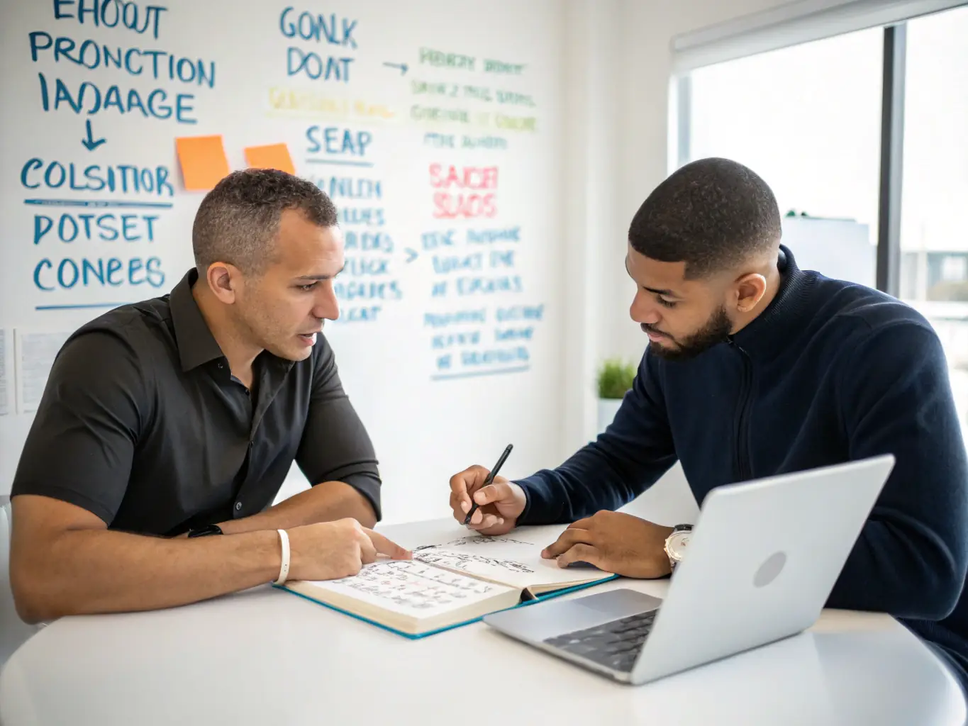 A professional business coach in a modern office setting, reviewing financial charts and discussing investment strategies with a client, both dressed in business attire, exuding an atmosphere of trust and expertise.