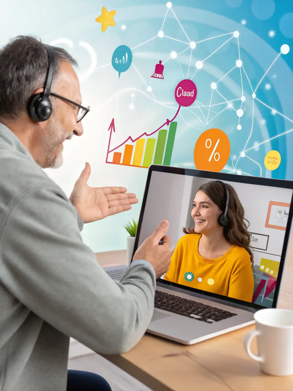A business coach is working with a client to analyse market trends and identify potential investment opportunities, using a tablet to display real-time data.
