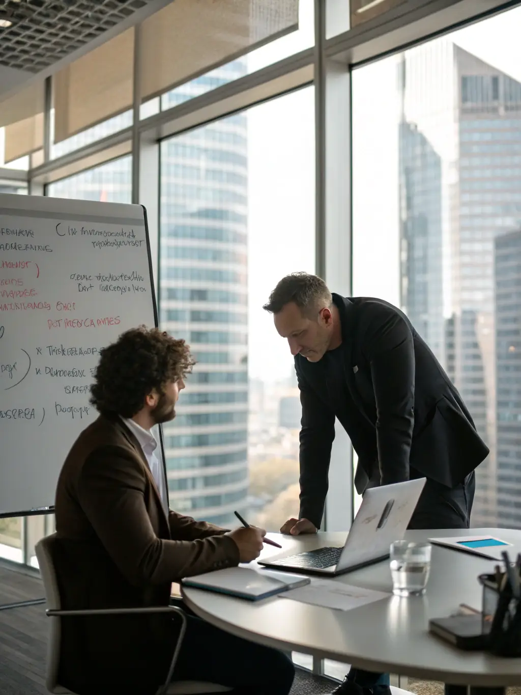A professional coach is guiding a client through a financial planning session, using visual aids like charts and graphs to illustrate investment strategies and potential returns.